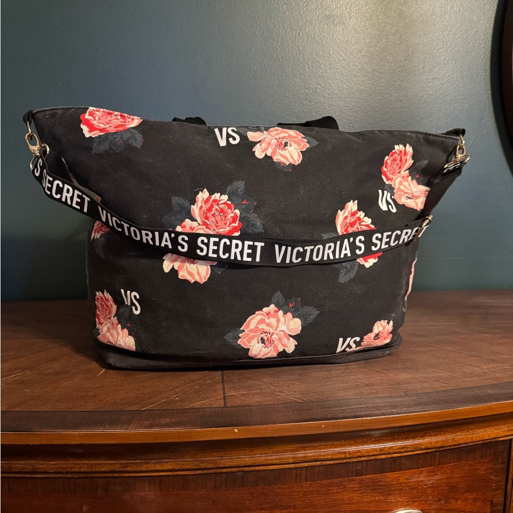 Victoria's Secret Black Floral Travel Tote Weekender Long Adjustable Logo Strap